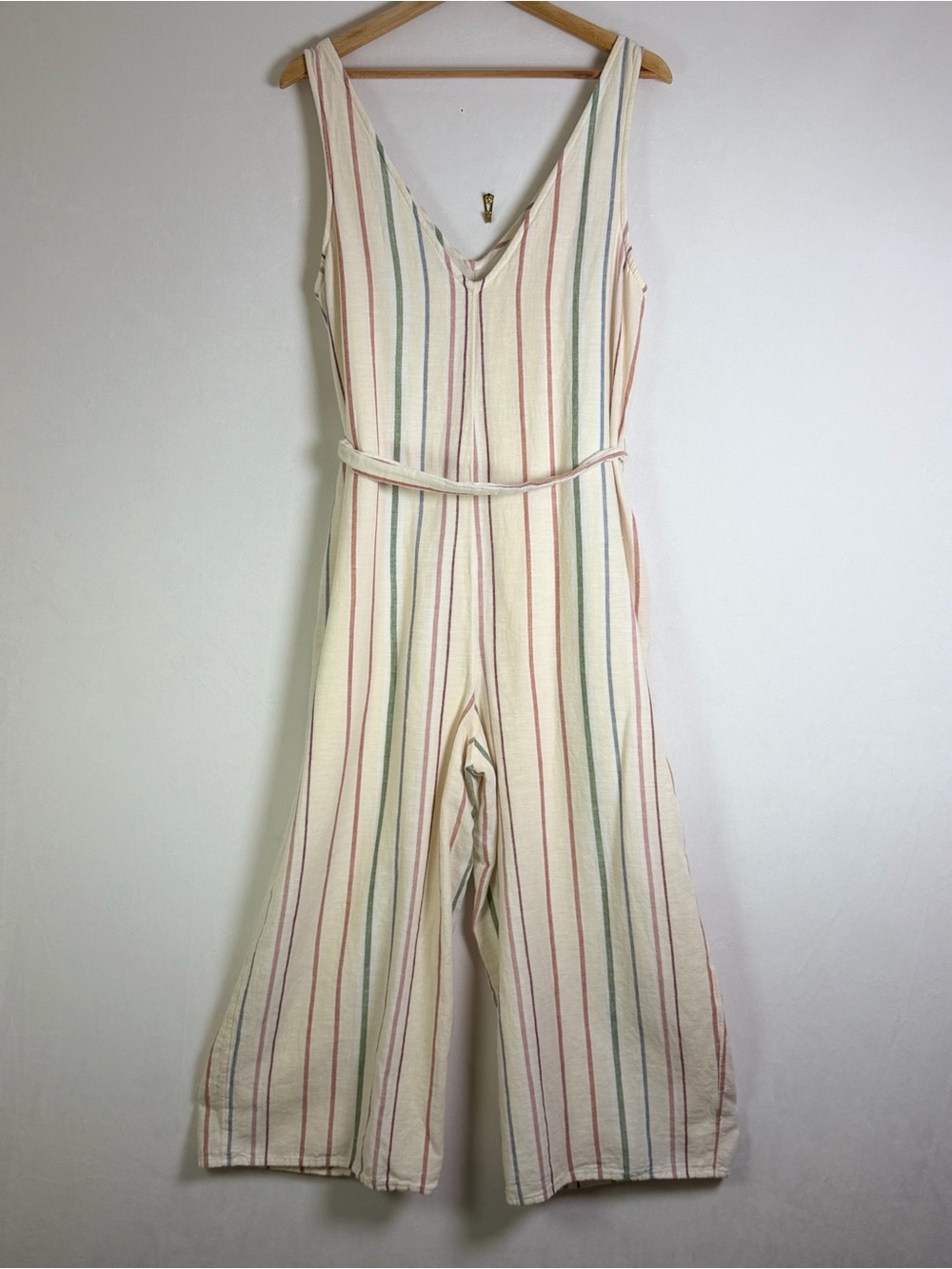 American Eagle Women’s Sz M Striped Cotton Linen Wide Leg Jumpsuit Boho Coastal - Picture 6 of 11